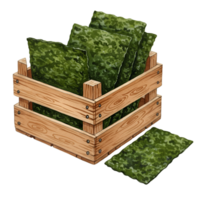 watercolor Wooden crate filled with square green seaweed sheets and one sheet lying outside the crate near it on transparent background png