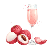 A tall glass of pink liquid next to a group of lychees with one cut open to show the seed on transparent background png