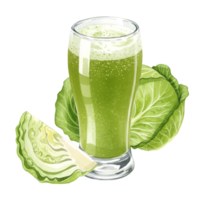 watercolor Glass of green smoothie with cabbage and cabbage slice on the side in a transparent style on transparent background png