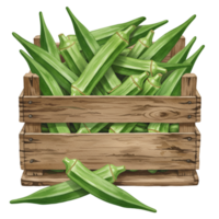 A watercolor wooden crate filled with fresh green okra vegetables harvested and ready for market display or cooking use on transparent background png