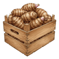 A watercolor wooden crate overflowing with taro roots showing their textured skin and unique shapes and colors well on transparent background png
