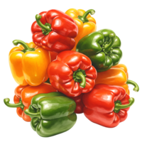A watercolor vibrant pile of bell peppers in assorted colors stacked together on a plain isolated setting view on transparent background png