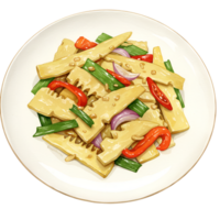 A watercolor plate of stir fried bamboo shoots with red peppers and onions on a white circular dish top view on transparent background png