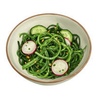 watercolor Seaweed salad with cucumber and radish slices in a bowl, presented in a visually appealing manner on transparent background png