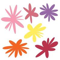 Six abstract flower like shapes with pointed petals. Vibrant colors on a clean white background. Stylized floral shapes with playful, modern aesthetic. Flat graphics. Digital stickers or icons vector