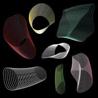Set of seven abstract geometric forms with curved gradient line structures on black background. Irregular contours and twisted symmetry for dynamic visual flow. Thin curved lines volumetric effect. vector