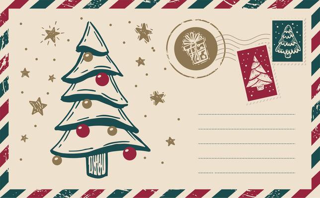 Christmas card mail with tree, postcard, hand drawn illustration.