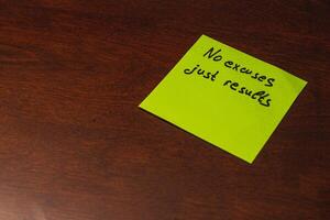 Motivational note on bright sticky paper placed on a wooden desk photo