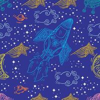 Seamless pattern with rocket ship in space with stars and planets. vector
