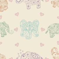 Seamless pattern with elephants and hearts. Doo dle style vector