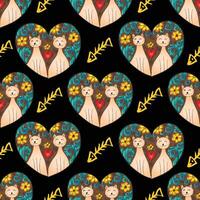 Seamless pattern with cute cartoon two cat in heart shape. vector