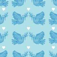 Seamless pattern with doves and hearts on a blue background vector