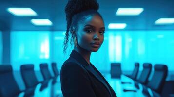 Black female CEO standing confidently in sleek boardroom with modern chairs and blue lighting creating professional atmosphere photo