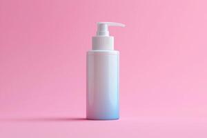 White cosmetic bottle with pump on pink background, clean product shot with soft lighting and ample empty space for text or design photo