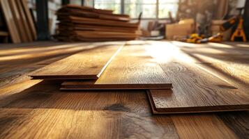Wooden flooring planks stacked on hardwood floor with soft sun rays highlighting wood grain texture in workshop setting photo