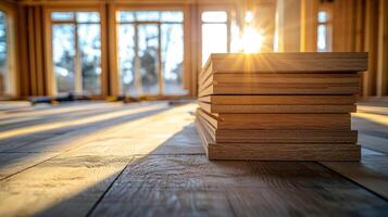 Stacked hardwood flooring planks bathed in warm sunlight inside room under construction with blurred windows and tools in background photo