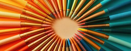 Makeup brushes arranged in radial pattern with vibrant orange, yellow, green, and blue handles, creating visually balanced and colorful display photo