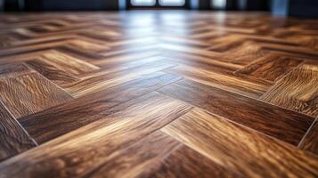 Engineered wood flooring with herringbone pattern in warm brown tones, soft focus background highlights textured surface and natural wood grain photo