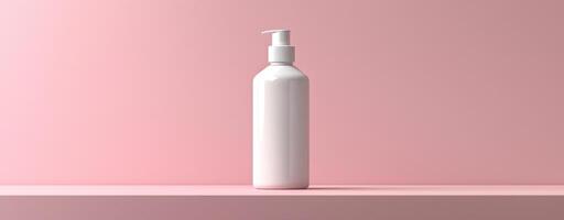 White cosmetic bottle on pastel pink background with soft lighting, clean product shot with ample empty space for text or design photo