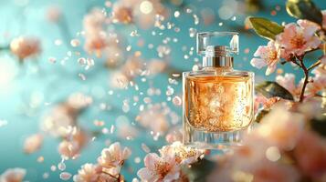 vaso perfume botella con floral pétalos flotante alrededor, creando delicado y elegante atmósfera con suave Encendiendo y pastel colores foto