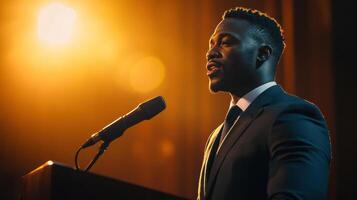 Portrait of Black man speaking passionately at podium with warm spotlight creating dramatic and inspiring atmosphere photo