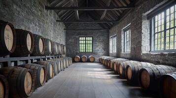 Whisky barrel storage in rustic stone warehouse with natural light from windows creating calm day atmosphere in world of spirits photo