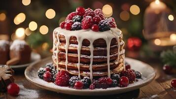 Tall stack of pancakes with white icing drizzle and fresh mixed berries on plate, creating cozy and festive dessert scene photo