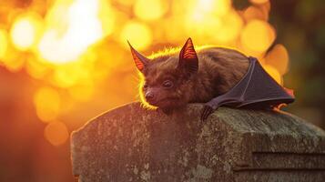 Bat rests on stone surface during warm day with golden sunlight creating magical world atmosphere reminiscent of dracula tales photo