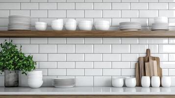 Clean white dishes and bowls neatly arranged on wooden shelf and counter with no dirty dishes in sight on this national day of kitchen order photo