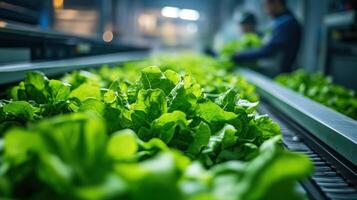 Fresh green lettuce leaves on conveyor belt in clean food processing facility with worker monitoring production line photo