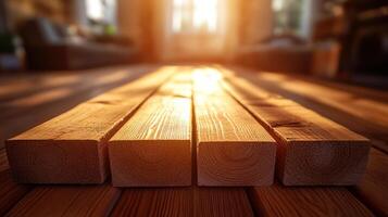 Artistic shot of stacked timber planks with warm sunlight and blurred living room background creating cozy renovation atmosphere photo