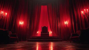 Dark world stage with throne and red curtains lit by candlelight creates mysterious dracula atmosphere on this dramatic day scene photo