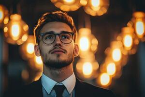 Young confident man in suit and glasses looking up with warm glowing lights in background creating inspiring atmosphere photo