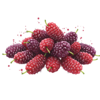 A vibrant pile of mulberries with varying shades of red and purple on a plain solid color canvas on transparent background png