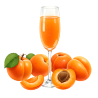 A tall glass of juice with several apricots and leaves arranged around the base of the glass item on transparent background png