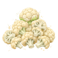 A pile of cauliflower florets and whole heads stacked together on a plain colored surface view from above on transparent background png