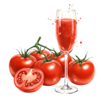 A glass of tomato juice with fresh tomatoes and a tomato cut in half on a plain setting view on transparent background png
