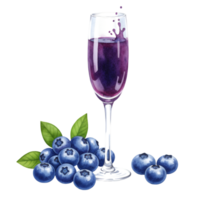 A vibrant watercolor of a glass of juice with blueberries and a splash on a simple plain setting on transparent background png