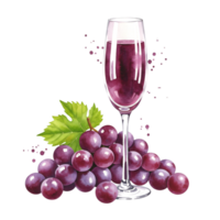 A glass of red liquid with grapes and a leaf beside it on a plain color transparent space view art on transparent background png