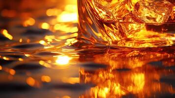 Glass of whisky with ice cubes reflects warm golden light creating cozy world perfect for relaxing day and enjoying rich flavors photo