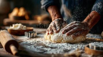 Kneading dough with hands on wooden table with flour and rolling pin creating cozy cottagecore baking scene full of warmth and rustic charm photo