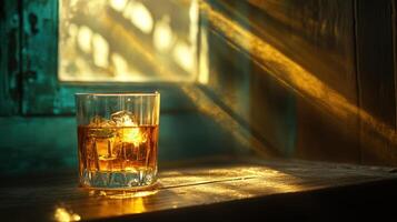Glass of whisky with ice glows warmly on wooden table as sunlight streams through window creating peaceful world day scene photo