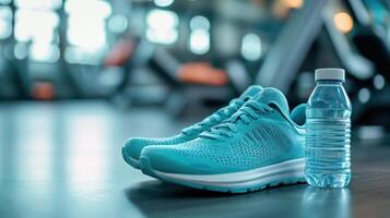 Fitness gear including shoes and water bottle on gym floor ready for workout session with energetic atmosphere photo