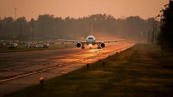 Airplane taxiing on sunlit runway surrounded by shimmering summer heat haze and trees in background photo