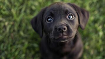 Adorable black puppy looking up with shiny eyes in grassy outdoor setting, capturing heartwarming and curious expression photo