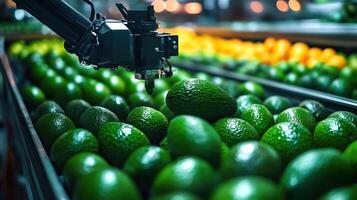 Robotic arm sorting fresh green avocados in smart agriculture facility with vibrant colors and bright controlled lighting creating lively scene photo