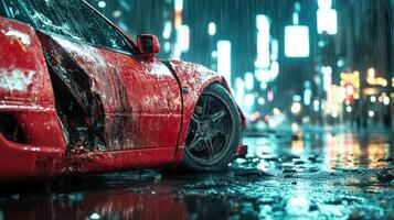 Side view of damaged red car door in heavy rain with neon lit urban street reflections on wet ground in cinematic low angle shot photo