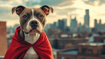 Dog with red cape looking serious in urban setting with city skyline and cloudy sky in background photo