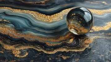 Marble sphere rests on swirling marble surface with gold accents creating luxurious and elegant abstract pattern full of depth and shine photo