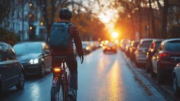 Cyclist riding on city street during rush hour with parked cars on both sides, enjoying eco friendly commute at sunset photo